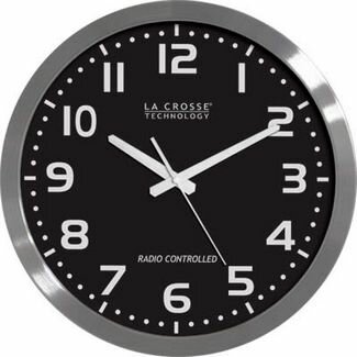 La Crosse 16" Stainless Steel Atomic Analog Clock Black Dial WT-3161BK