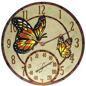 StoneWorks 14" Mosaic Butterflies Clock w/ Thermometer - 91019